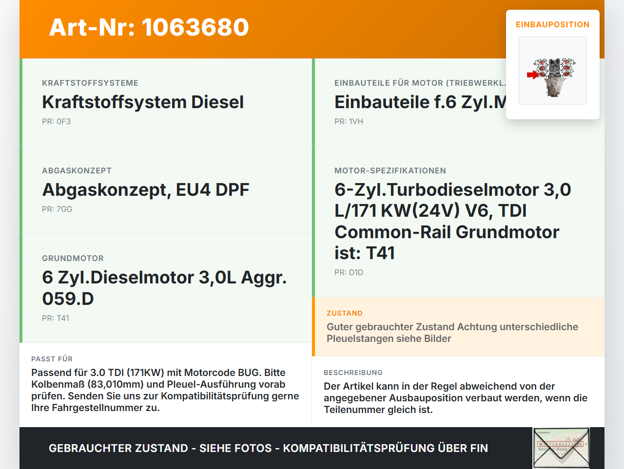 Audi Q7 4L 05-09 TDI 3,0 171KW BUG Kolben mit Pleuel Pos A 3-4 Audi Q7 4L 05-09 26.06.2007 059107065BJ gebraucht Vorschau 3