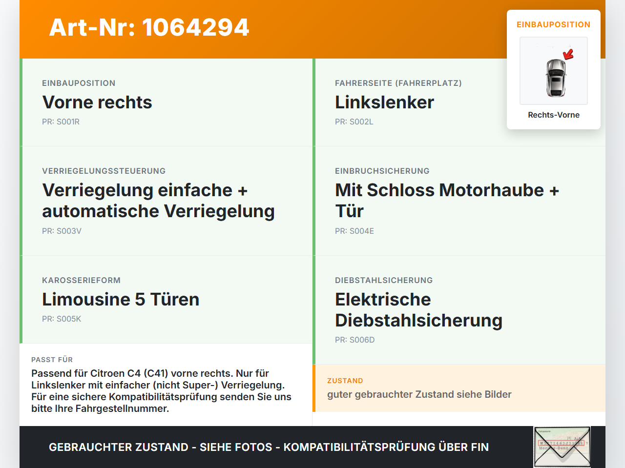 Citroen C4 III 20-24 SchräghLim Türschloss m. ZV Stellmotor Rechts Vorne Citroen C4 III 20-24 26.09.2024 9832797780... Vorschau 3