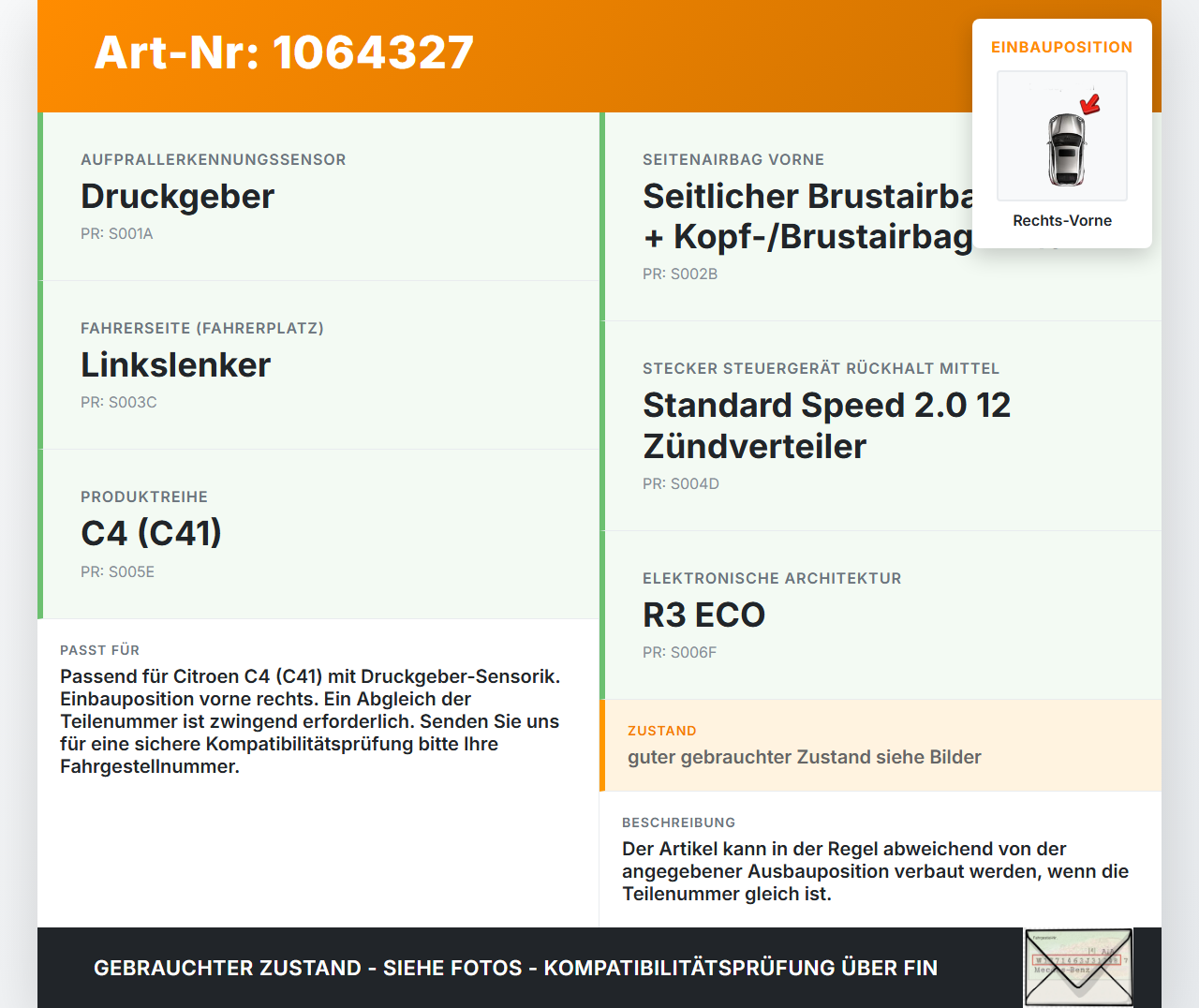 Citroen C4 III 20-24 Airbagsensor Crashsensor Aufprallsensor Sensor Rechts Vorne Citroen C4 III 20-24 26.09.2024... Vorschau 3