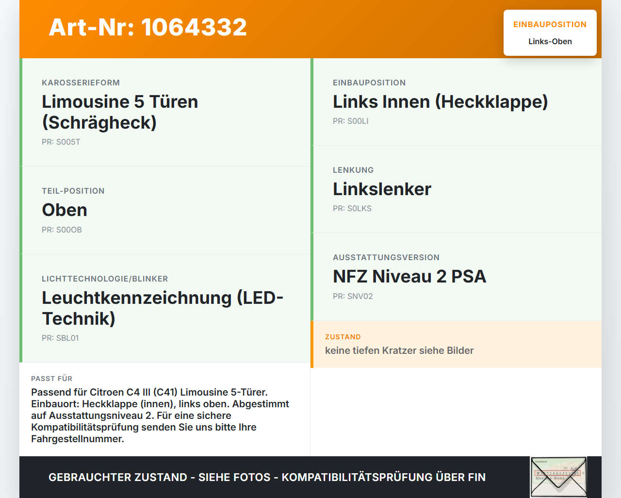 Citroen C4 III 20-24 SchräghLim Rückleuchte Heckleuchte für Klappe Innen Links Oben Citroen C4 III 20-24 26.09.2024... Vorschau 3