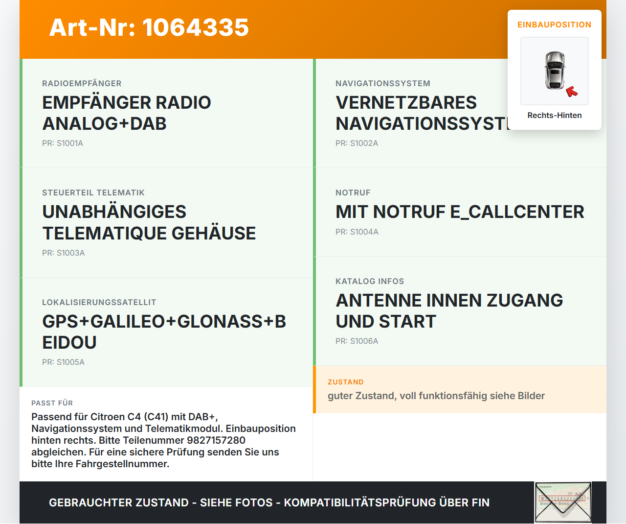 Citroen C4 III 20-24 Antennenverstärker Weiche Antenne Rechts Hinten Citroen C4 III 20-24 26.09.2024 9827157280... Vorschau 3