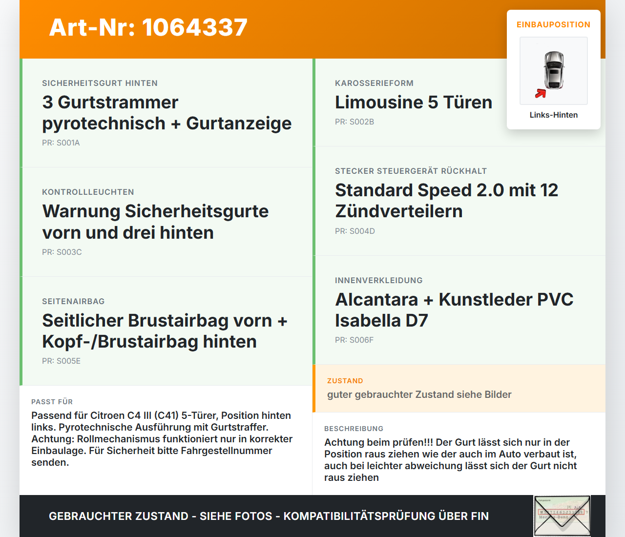 Citroen C4 III 20-24 SchräghLim Gurt Sicherheitsgurt Links Hinten Citroen C4 III 20-24 26.09.2024 98389329XX... Vorschau 3