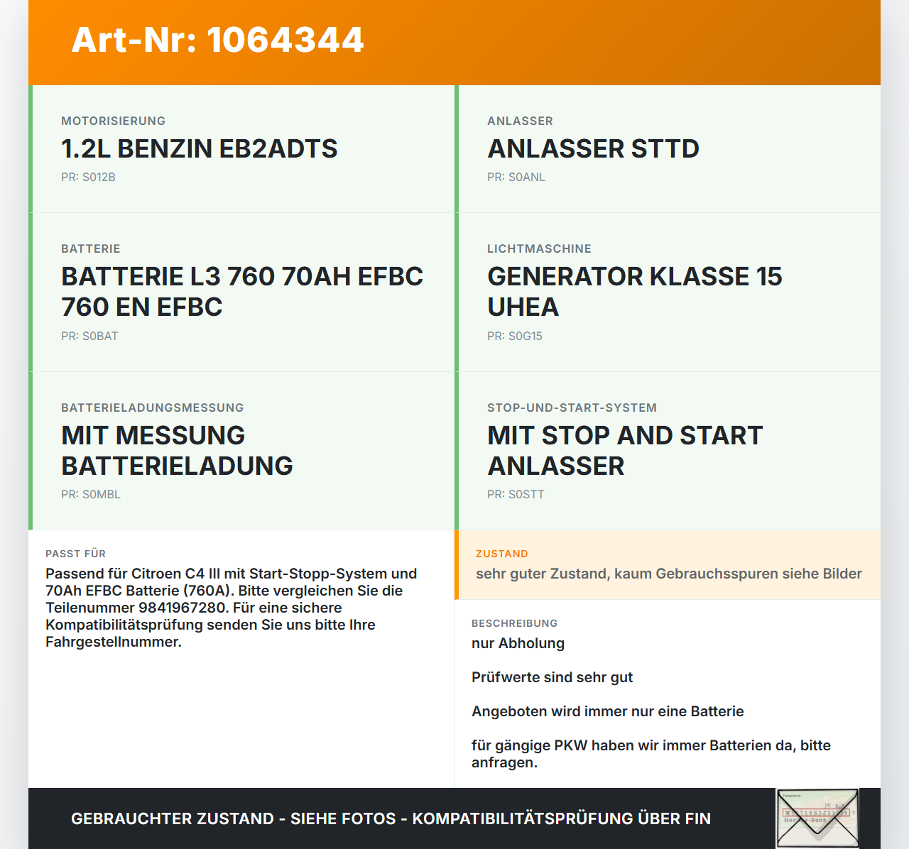 Citroen C4 III 20-24 Batterie Starterbatterie Autobatterie Citroen C4 III 20-24 26.09.2024 9841967280 9841967280... Vorschau 3