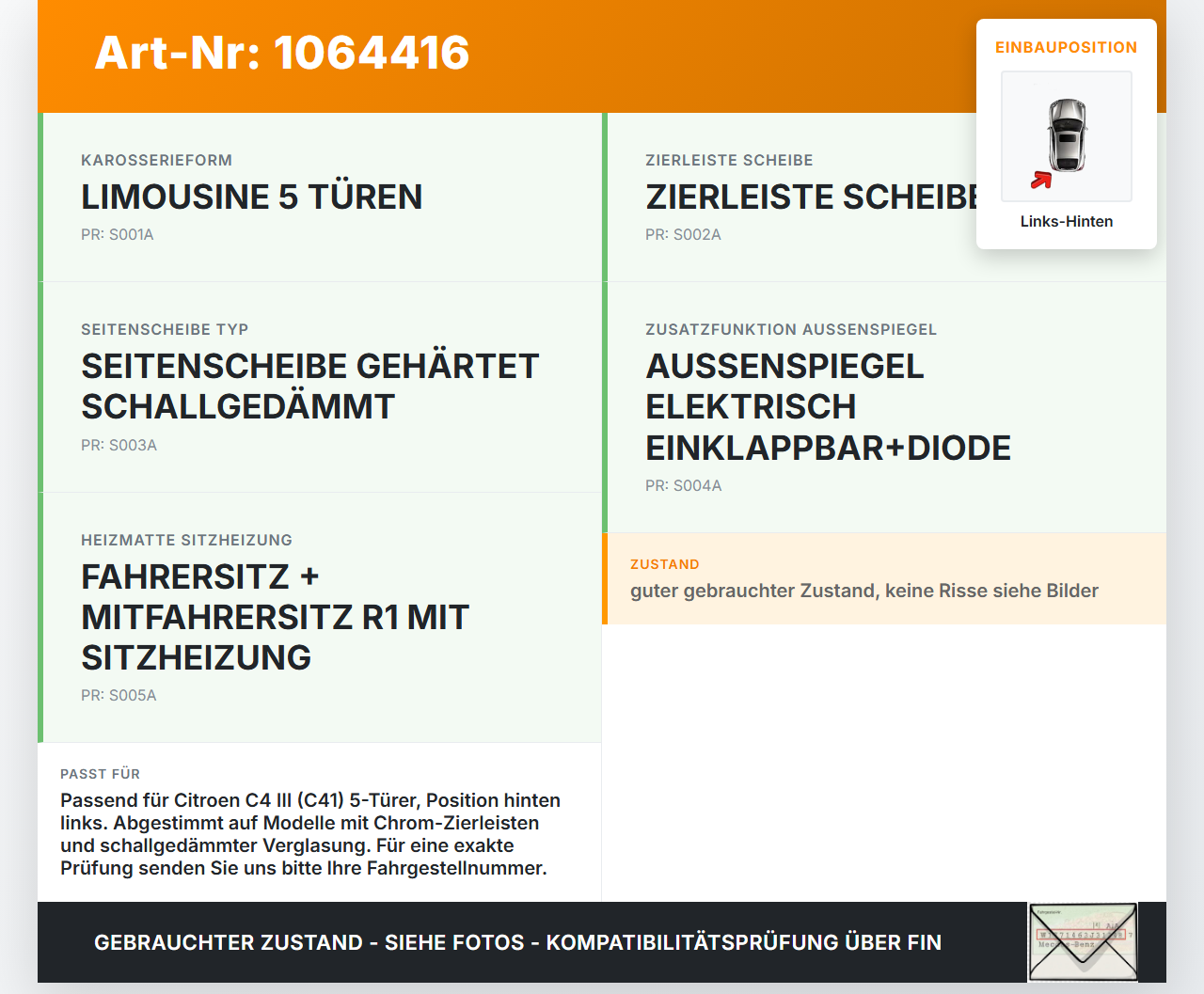 Citroen C4 III 20-24 SchräghLim Dichtung für Rahmen Tür Links Hinten Citroen C4 III 20-24 26.09.2024 9833317780... Vorschau 3