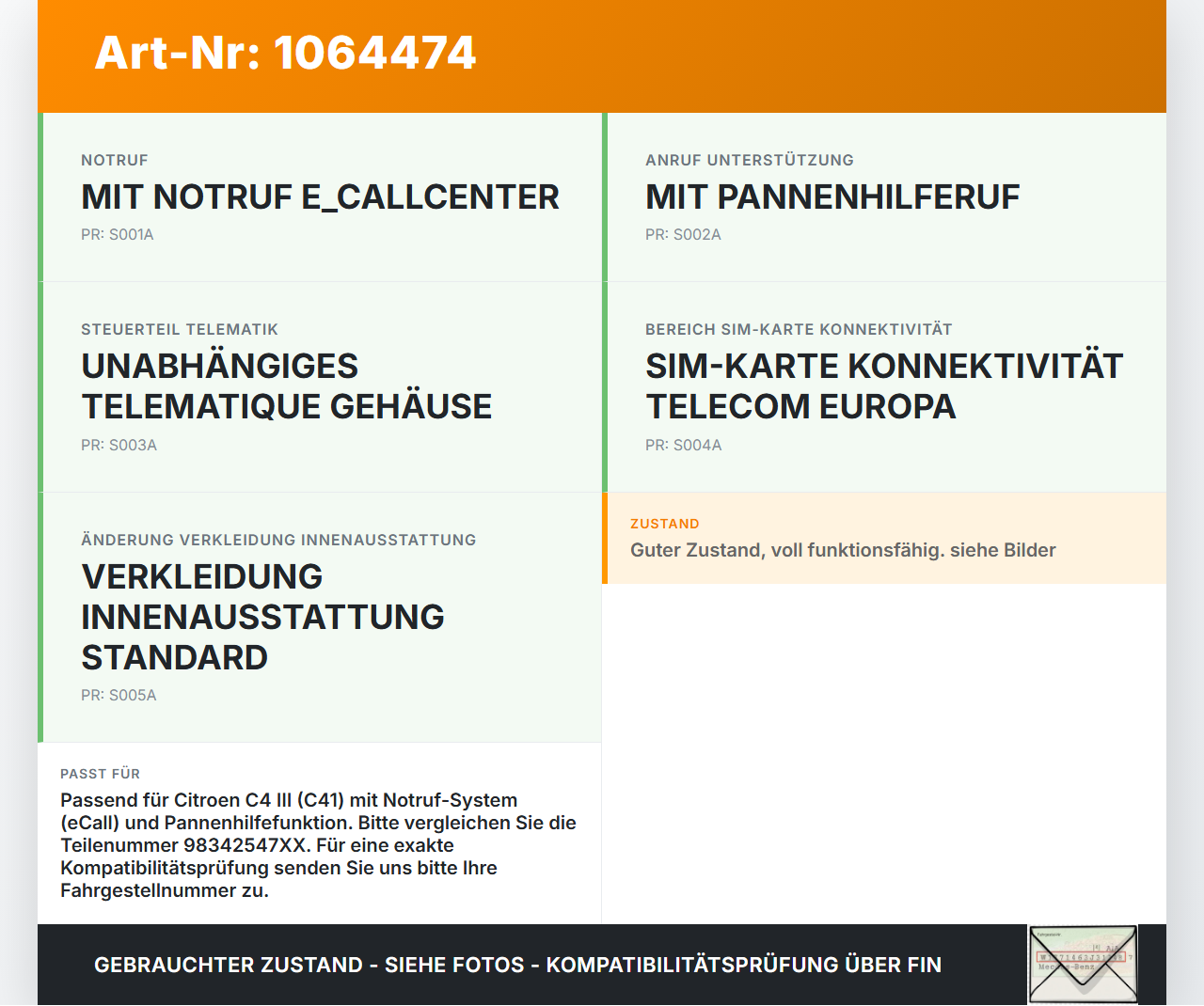 Citroen C4 III 20-24 Schalter SOS Citroen C4 III 20-24 26.09.2024 98342547JX 98342547XX gebraucht Vorschau 3