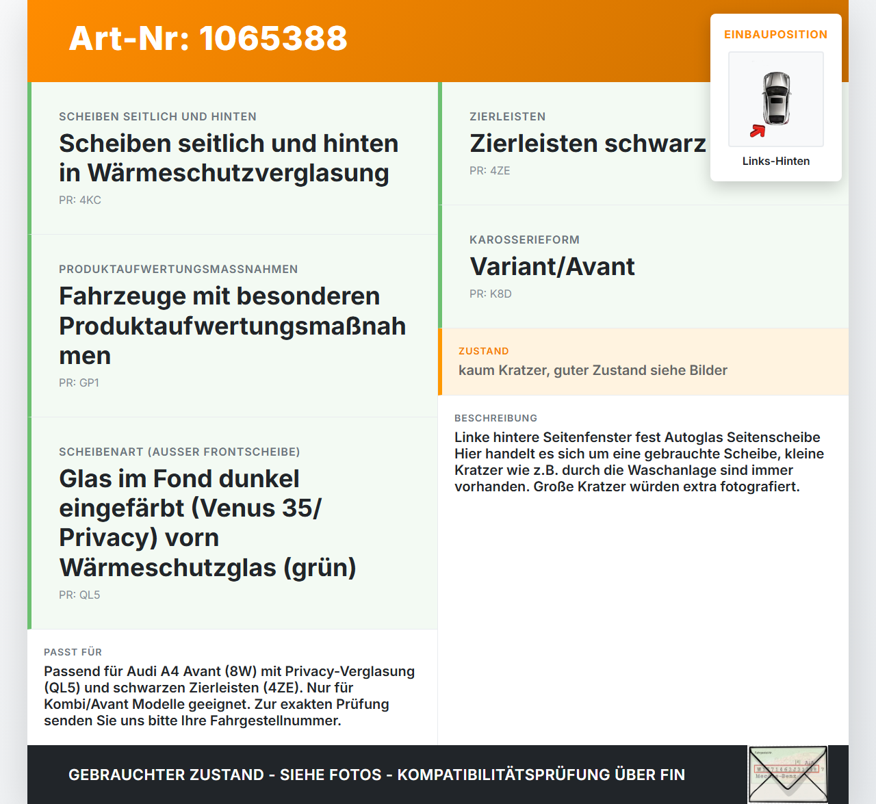Audi A4 8W 19-24 Kombi Seitenscheibe Feste Scheibe Links Hinten Audi A4 8W 19-24 27.01.2020 8W9845299L gebraucht Vorschau 3