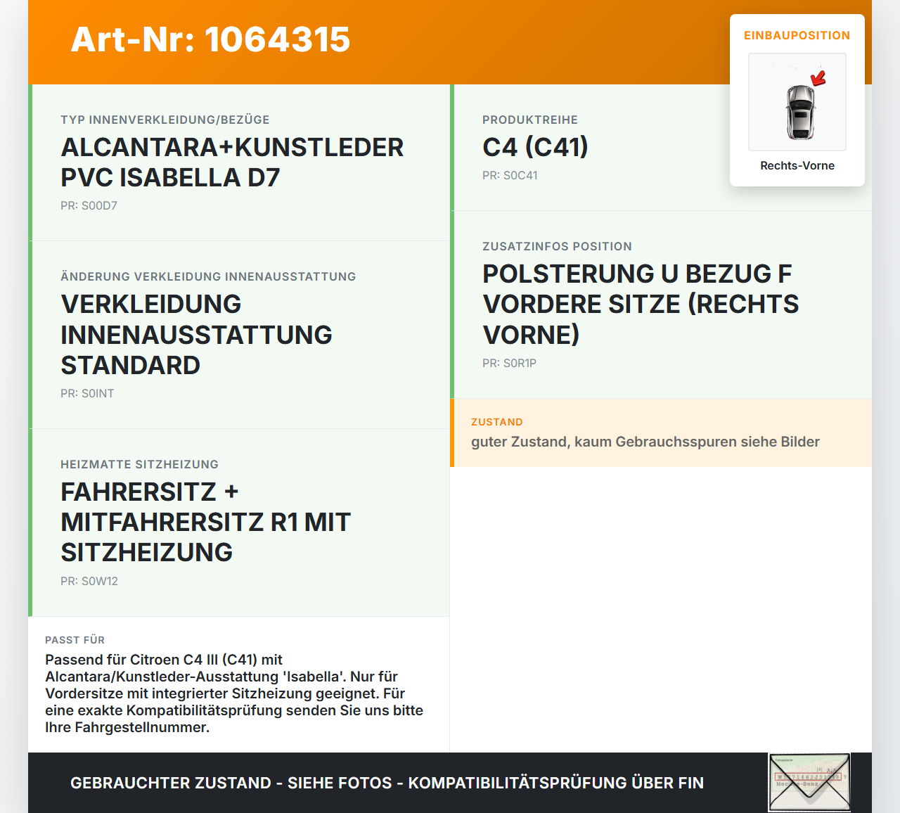 Citroen C4 III 20-24 Kopfstütze Nackenstütze Leder Schwarz weiße Naht Rechts Vorne Citroen C4 III 20-24 26.09.2024... Vorschau 3