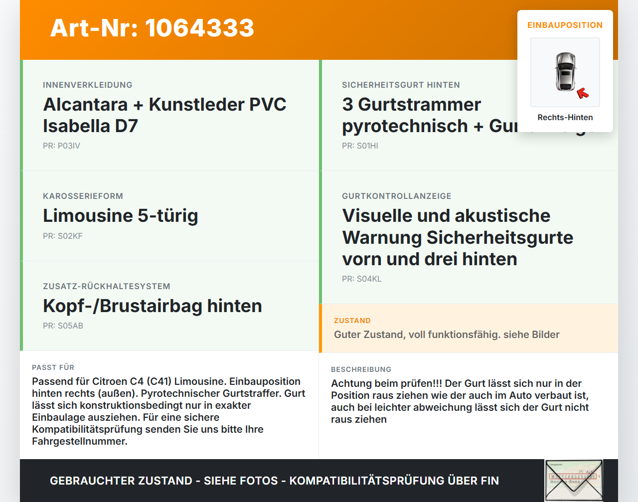 Citroen C4 III 20-24 SchräghLim Gurt Sicherheitsgurt Rechts Hinten Citroen C4 III 20-24 26.09.2024 98389329XX... Vorschau 3