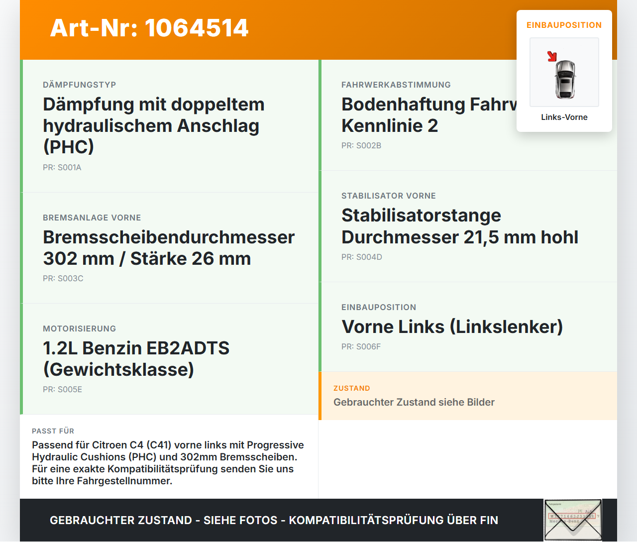 Citroen C4 III 20-24 SchräghLim Federbein Stossdämpfer Vorne Links Citroen C4 III 20-24 26.09.2024 9842991780 gebraucht Vorschau 3