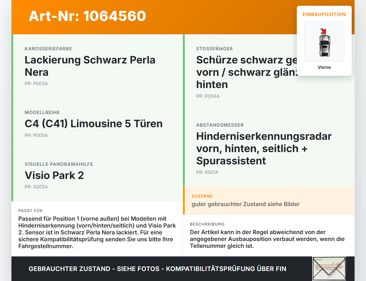 Citroen C4 III 20-24 Abstands Sensor Parksensor PDC Pos.1 Vorne Außen Citroen C4 III 20-24 26.09.2024 1633559380... Vorschau 3