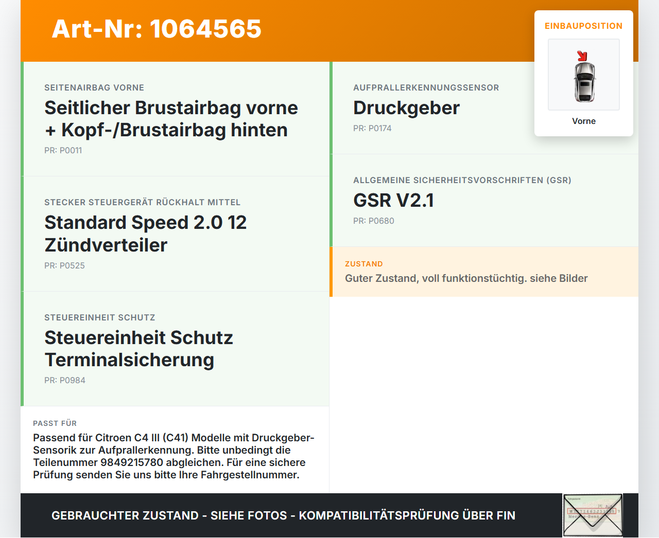 Citroen C4 III 20-24 Airbagsensor Crashsensor Sensor Vorne Citroen C4 III 20-24 26.09.2024 9849215780 9849215780... Vorschau 3