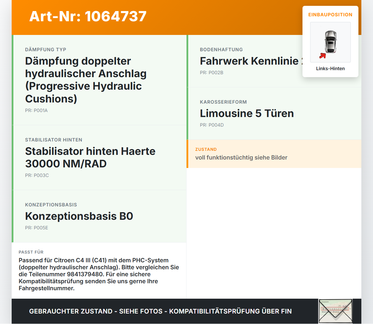 Citroen C4 III 20-24 SchräghLim Stossdämpfer Links Hinten Citroen C4 III 20-24 26.09.2024 9841379480 9841379480... Vorschau 3