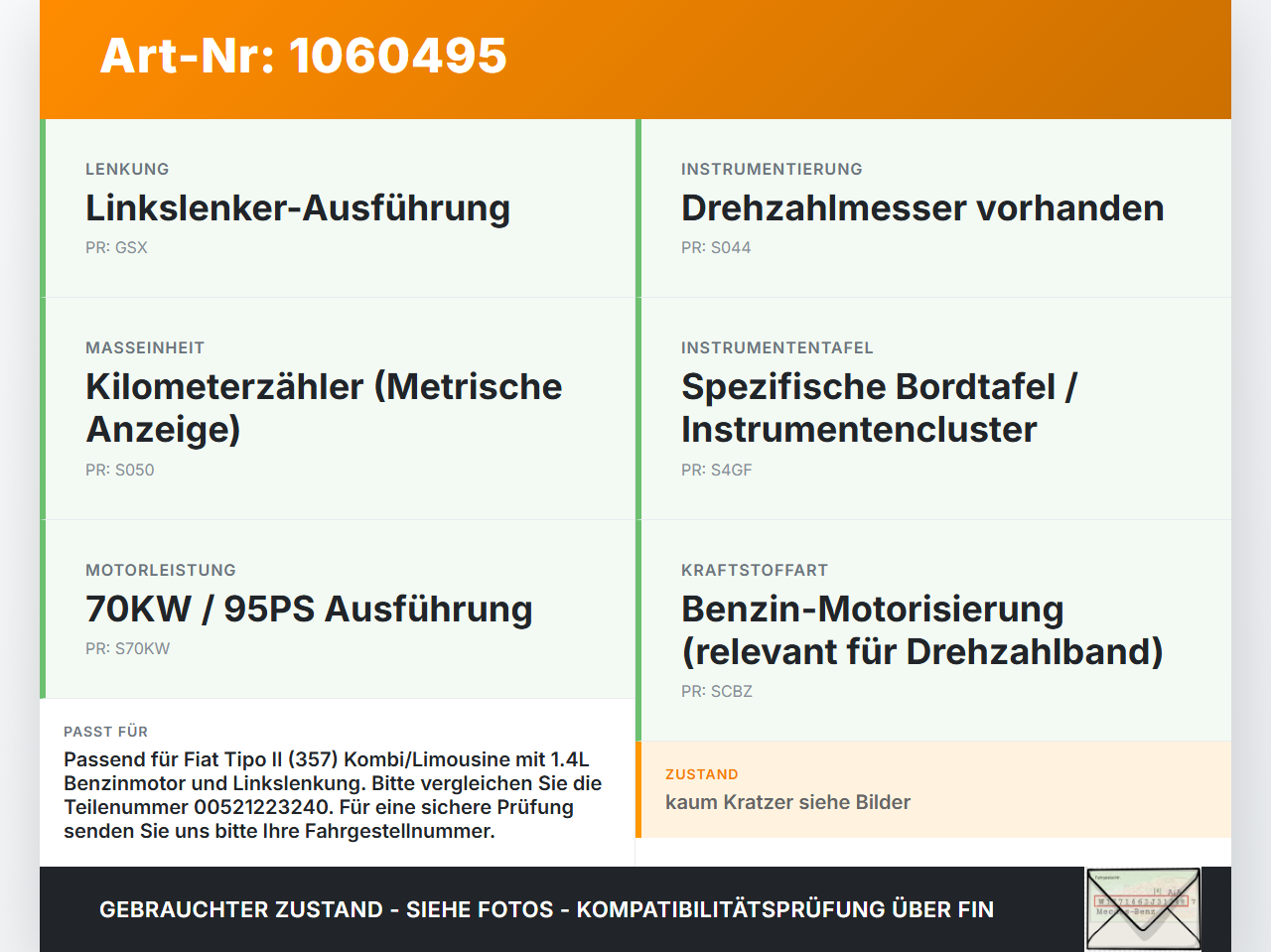 Fiat Tipo II 357 16-20 1,4 70KW Kombiinstrument Tacho Fiat Tipo II 357 16-20 26.11.2018  00521223240 A3C0195630000... Vorschau 3