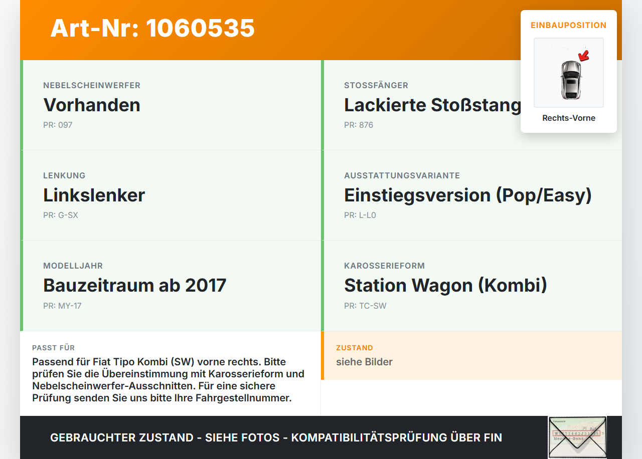 Fiat Tipo II 357 16-20 Radhausschale Rechts Vorne Fiat Tipo II 357 16-20 26.11.2018  0521266410E 0521266390E gebraucht Vorschau 3