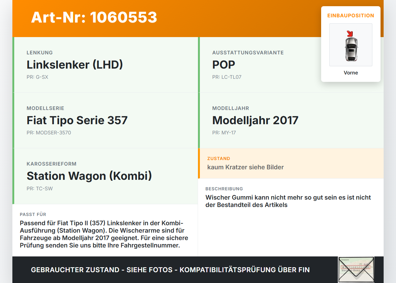 Fiat Tipo II 357 16-20 2x Scheibenwischer Wischarm Vorne Fiat Tipo II 357 16-20 26.11.2018  gebraucht Vorschau 3