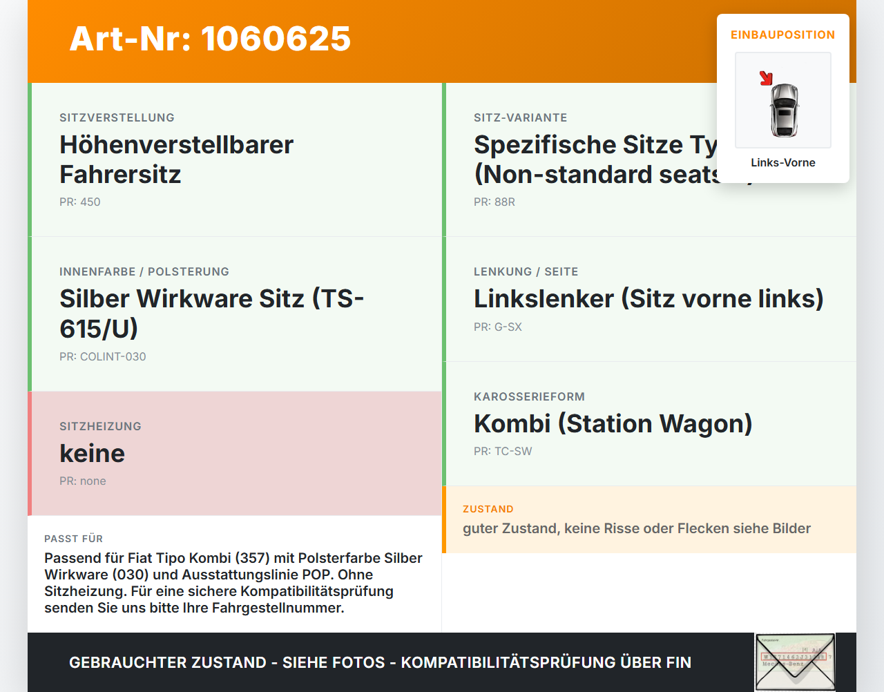 Fiat Tipo II 357 16-20 Kombi Sitzpolster Sitzbezug Links Vorne Fiat Tipo II 357 16-20 26.11.2018  gebraucht Vorschau 3