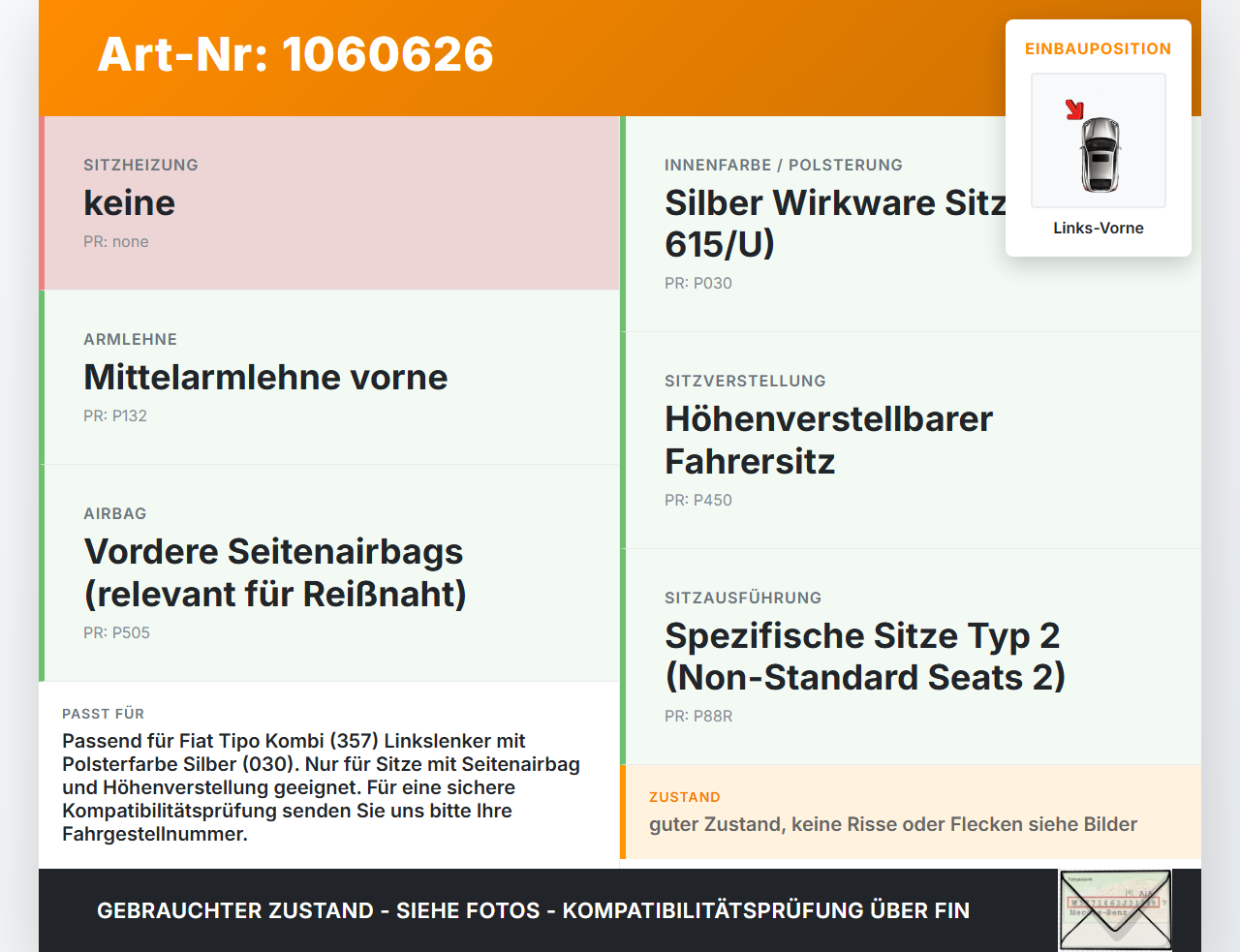 Fiat Tipo II 357 16-20 Kombi Sitzbezug Rückenpolster Links Vorne für Fahrer Sitz Fiat Tipo II 357 16-20 26.11.2018 ... Vorschau 3