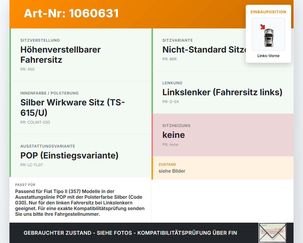 Fiat Tipo II 357 16-20 Kopfstütze für Fahrer Sitz Links Vorne Fiat Tipo II 357 16-20 26.11.2018  gebraucht Vorschau 3