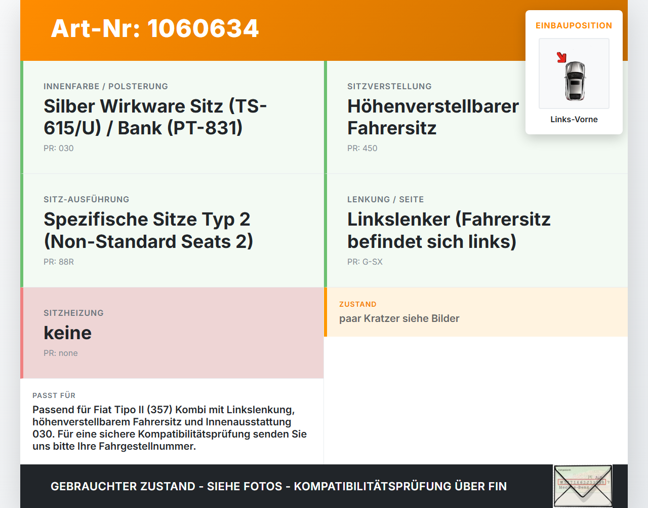 Fiat Tipo II 357 16-20 Blende Innen Auflage Applikation für Fahrer Sitz Links Vorne Pos.1 Fiat Tipo II 357 16-20... Vorschau 3