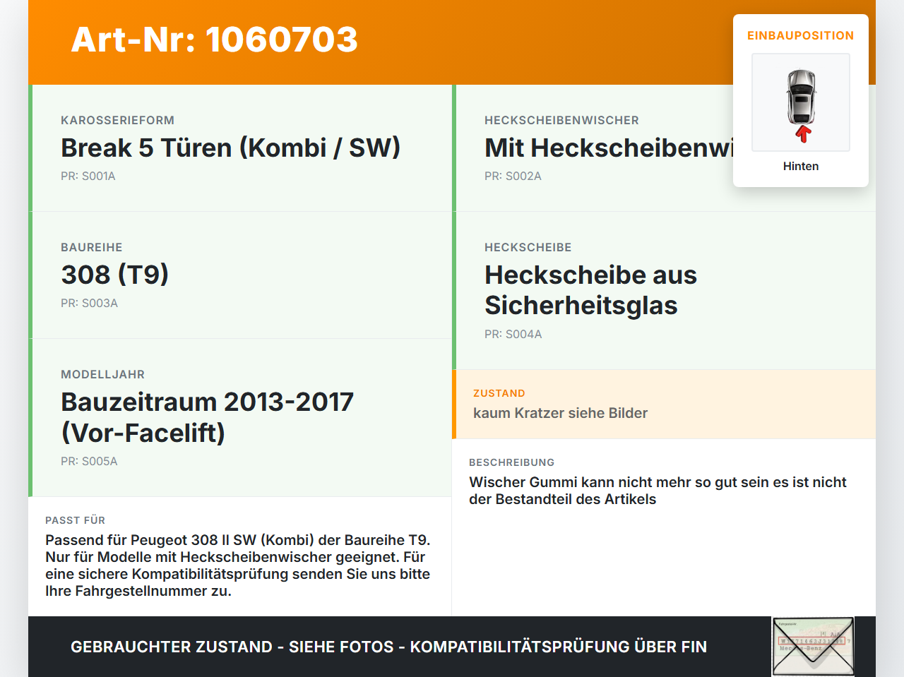Peugeot 308 SW II 13-17 Kombi Scheibenwischer Heckwischer Hinten Wischarm Peugeot 308 SW II 13-17 27.10.2015 gebraucht Vorschau 3