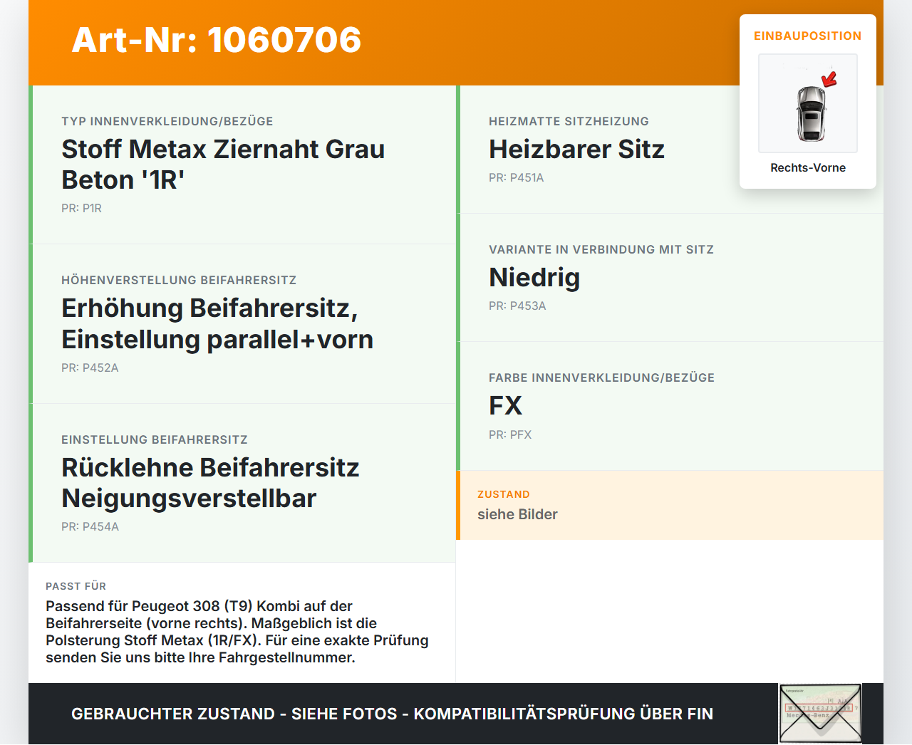 Peugeot 308 SW II 13-17 Kombi Kopfstütze für Beifahrer Sitz Rechts Vorne Peugeot 308 SW II 13-17 27.10.2015 gebraucht Vorschau 3
