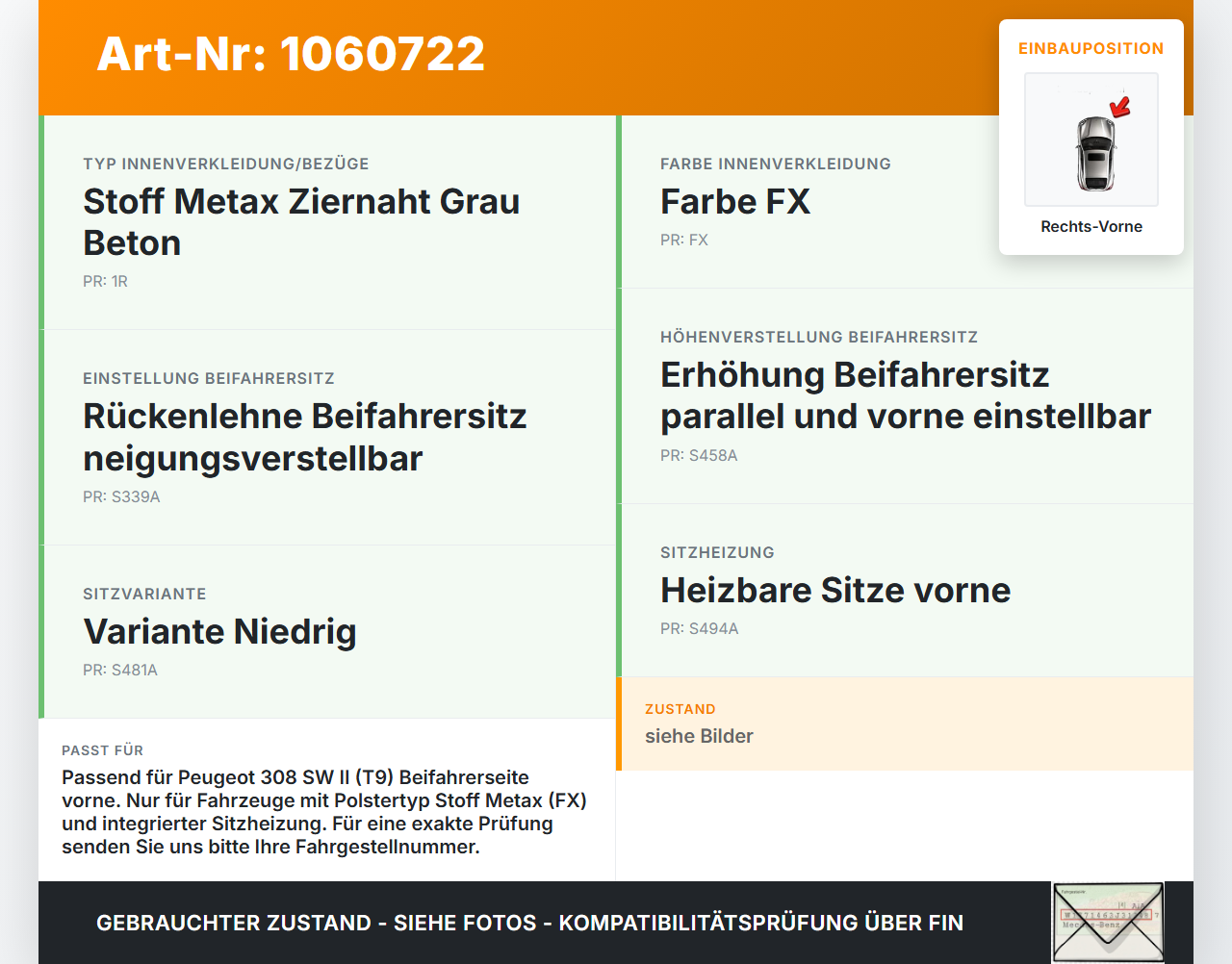 Peugeot 308 SW II 13-17 Kombi Sitzbezug Sitzpolster für Beifahrersitz Rechts Vorne beheizt Peugeot 308 SW II 13-17... Vorschau 3