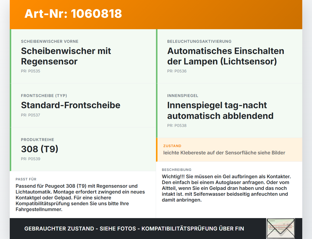 Peugeot 308 SW II 13-17 Regensensor Peugeot 308 SW II 13-17 27.10.2015 9807156080 6PW011088-00 gebraucht Vorschau 3
