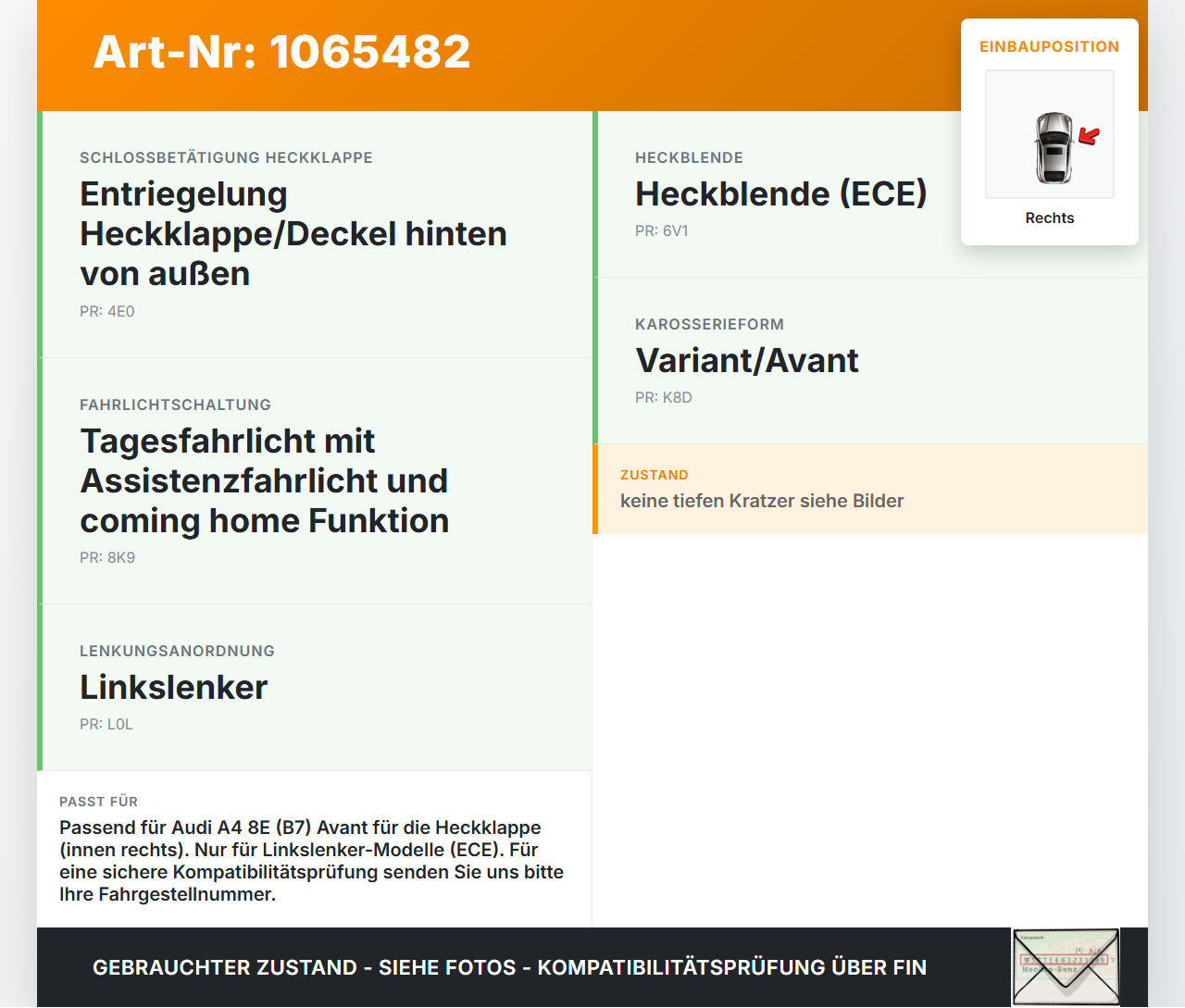 Audi A4 8E 04-08 Kombi Rückleuchte Heckleuchte für Klappe Innen Rechts Audi A4 8E 04-08 12.09.2005 8E9945094A... Vorschau 3