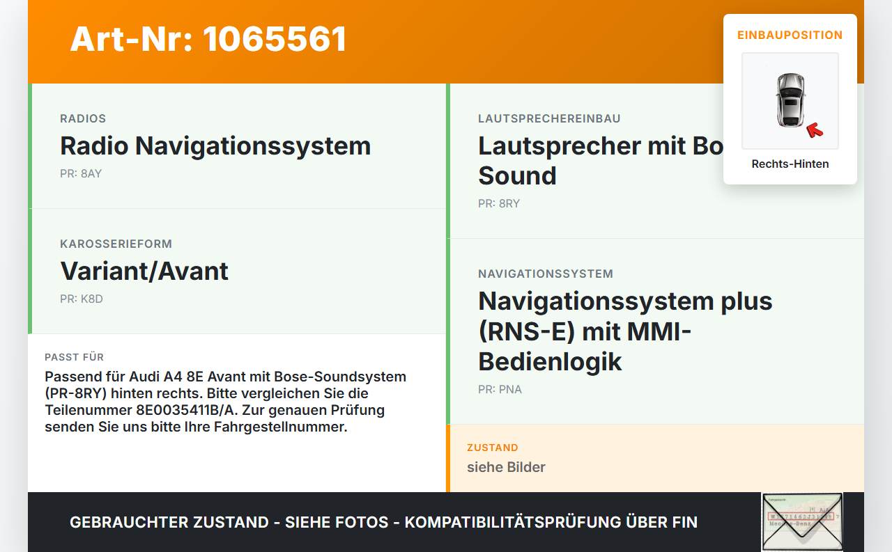 Audi A4 8E 04-08 Kombi Lautsprecher Rechts Hinten Audi A4 8E 04-08 12.09.2005 8E0035411B 8E0035411A gebraucht Vorschau 3