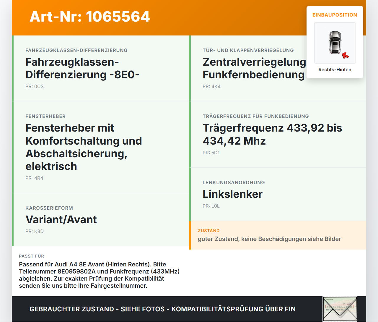 Audi A4 8E 04-08 Kombi Fensterhebermotor Rechts Hinten Audi A4 8E 04-08 12.09.2005 8E0959802E 8E0959802A... Vorschau 3