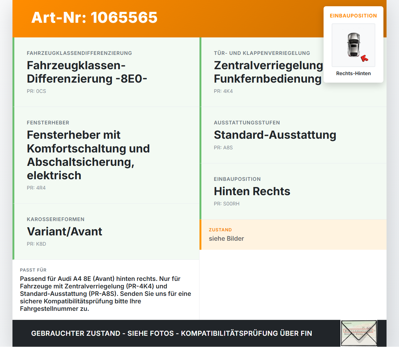 Audi A4 8E 04-08 Kombi Türschloss m. ZV Stellmotor Rechts Hinten Audi A4 8E 04-08 12.09.2005 8E0839016AA gebraucht Vorschau 3