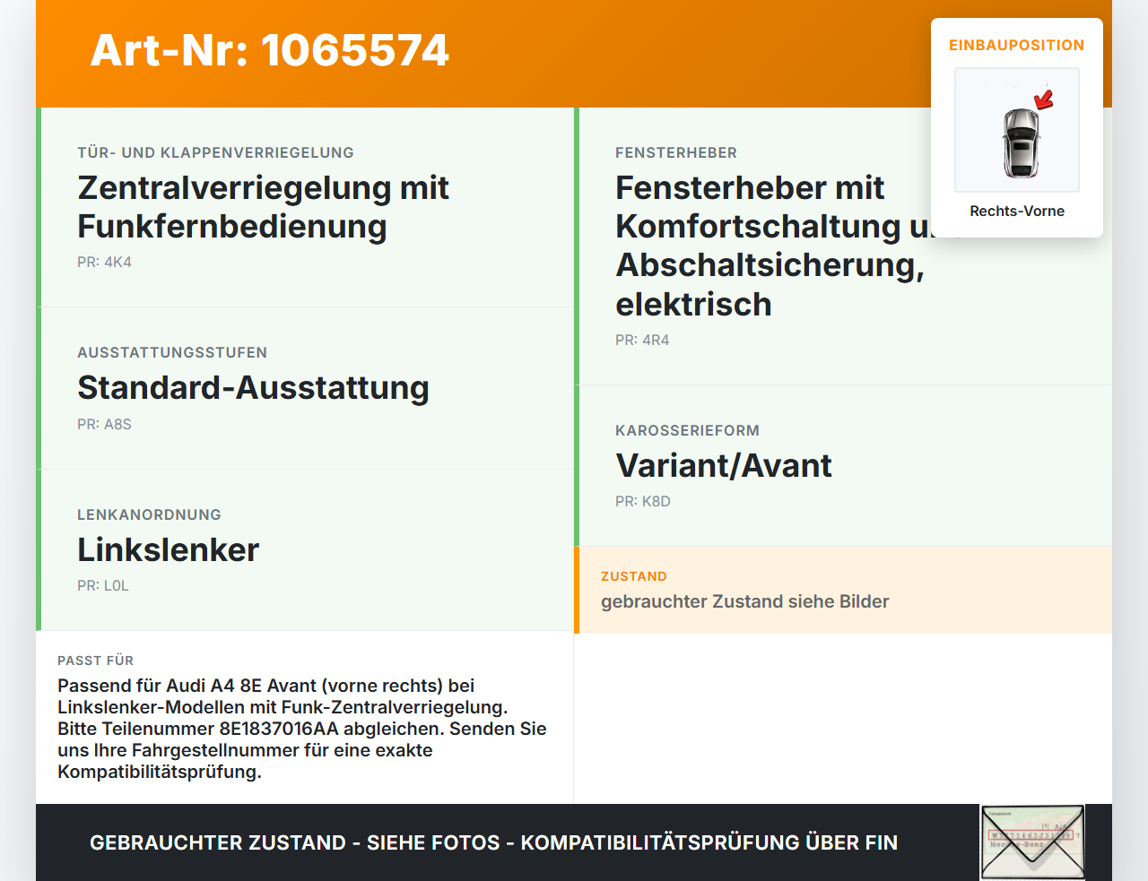 Audi A4 8E 04-08 Kombi Türschloss m. ZV Stellmotor Rechts Vorne Audi A4 8E 04-08 12.09.2005 8E1837016AA gebraucht Vorschau 3