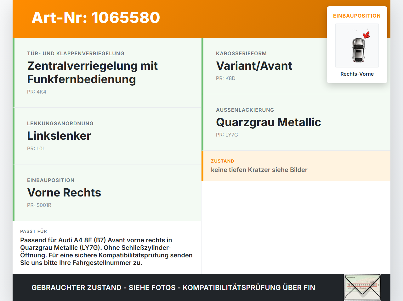 Audi A4 8E 04-08 Kombi Türgriff Griff aussen Rechts Vorne LY7G Audi A4 8E 04-08 12.09.2005 a8E0839207 gebraucht Vorschau 3