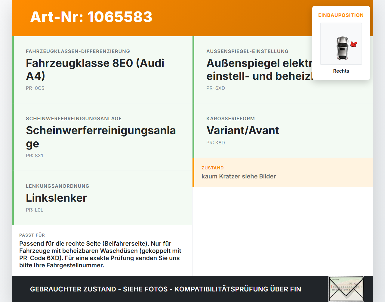 Audi A4 8E 04-08 Waschdüse f. Windschutzscheibe WS Rechts beheizt Audi A4 8E 04-08 12.09.2005 8E0955988D gebraucht Vorschau 3