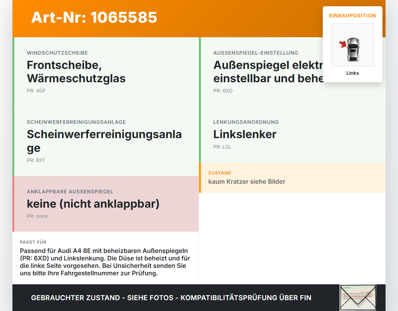 Audi A4 8E 04-08 Waschdüse f. Windschutzscheibe WS Links beheizt Audi A4 8E 04-08 12.09.2005 8E0955987D gebraucht Vorschau 3