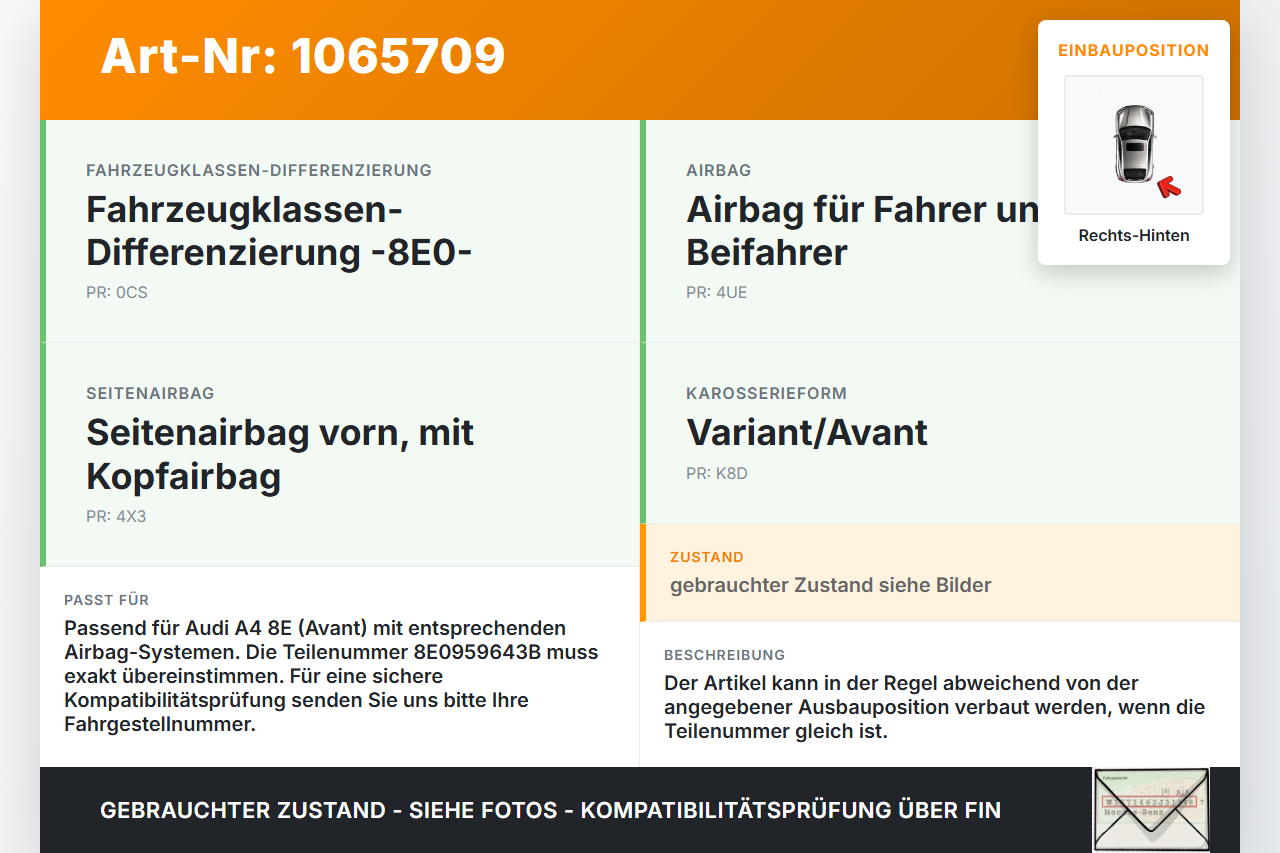Audi A4 8E 04-08 Sensor Airbag Crashsensor Airbagsensor Rechts Hinten Audi A4 8E 04-08 12.09.2005 8E0959643B gebraucht Vorschau 3