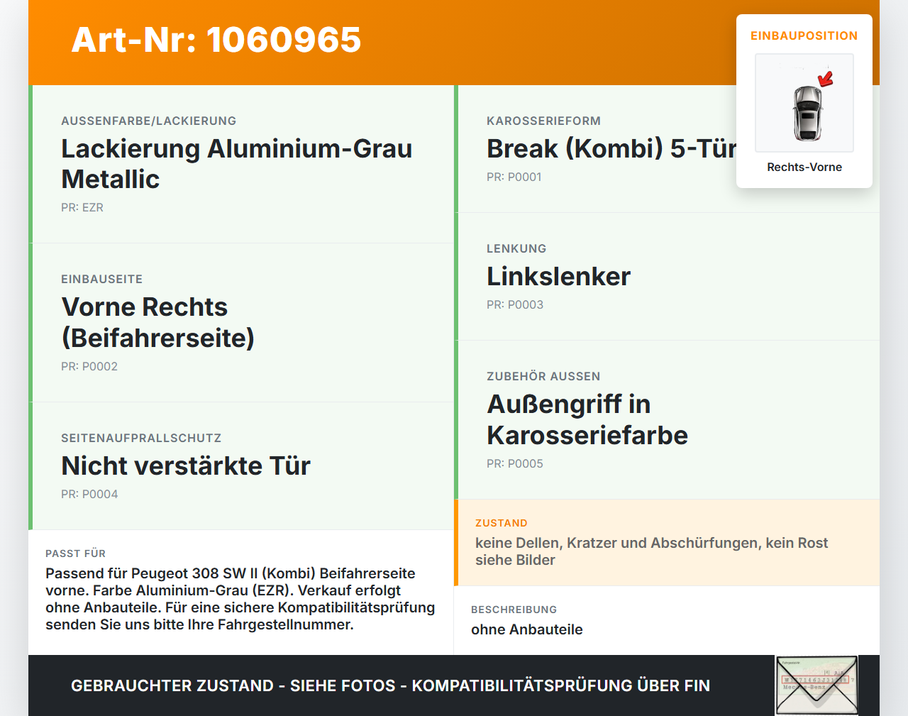 Peugeot 308 SW II 13-17 Kombi Tür Beifahrertür Rechts Vorne EZR Peugeot 308 SW II 13-17 27.10.2015 gebraucht Vorschau 3