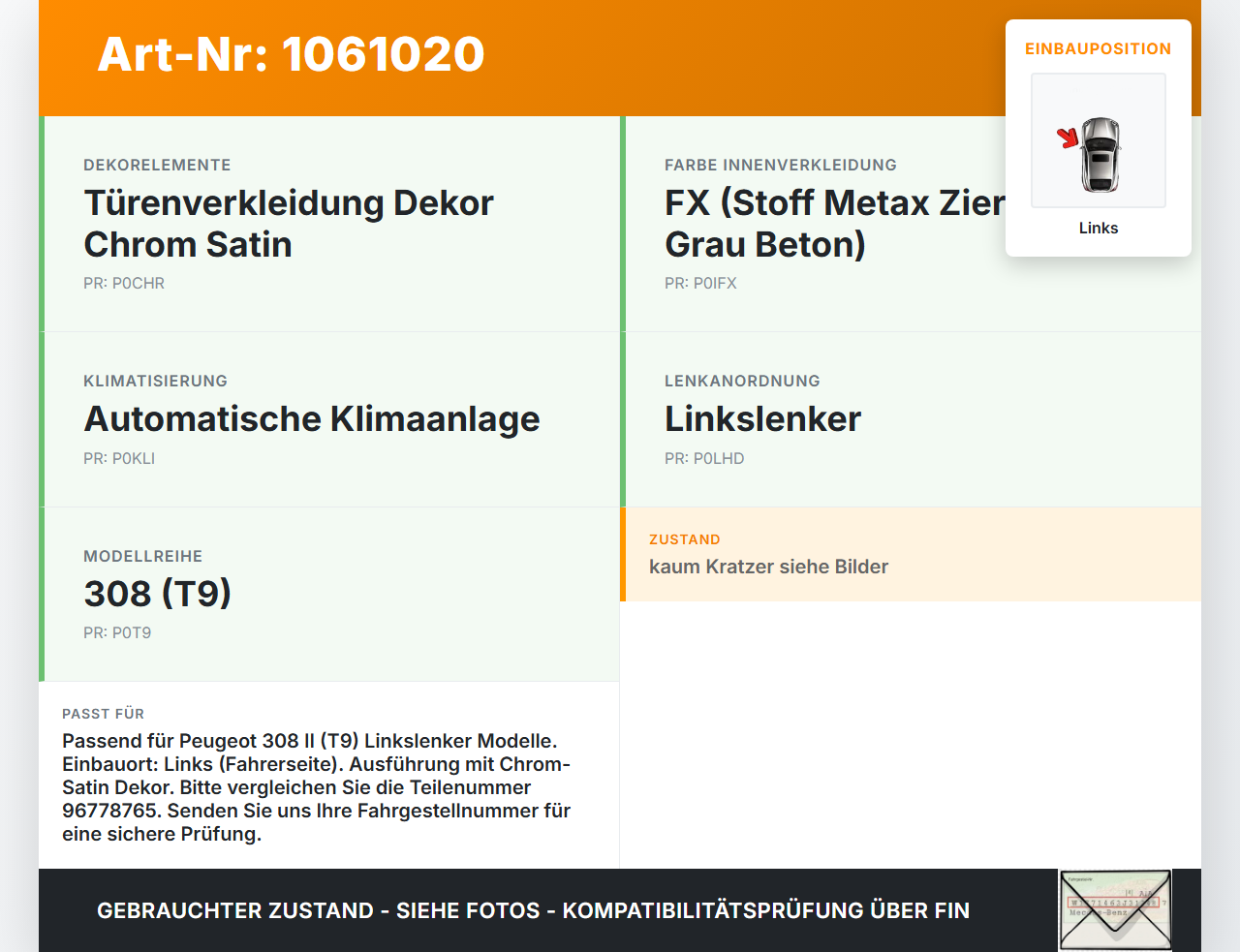 Peugeot 308 SW II 13-17 Luftdusche Luftdüse Links Peugeot 308 SW II 13-17 27.10.2015 96778765 1303818X 10003-396... Vorschau 3