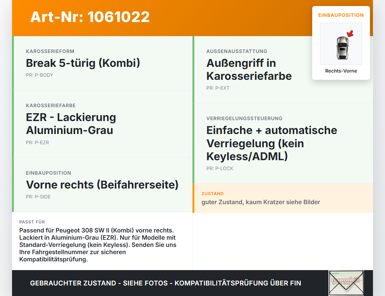 Peugeot 308 SW II 13-17 Kombi Türgriff Griff aussen Rechts Vorne EZR Peugeot 308 SW II 13-17 27.10.2015 9803771880... Vorschau 3