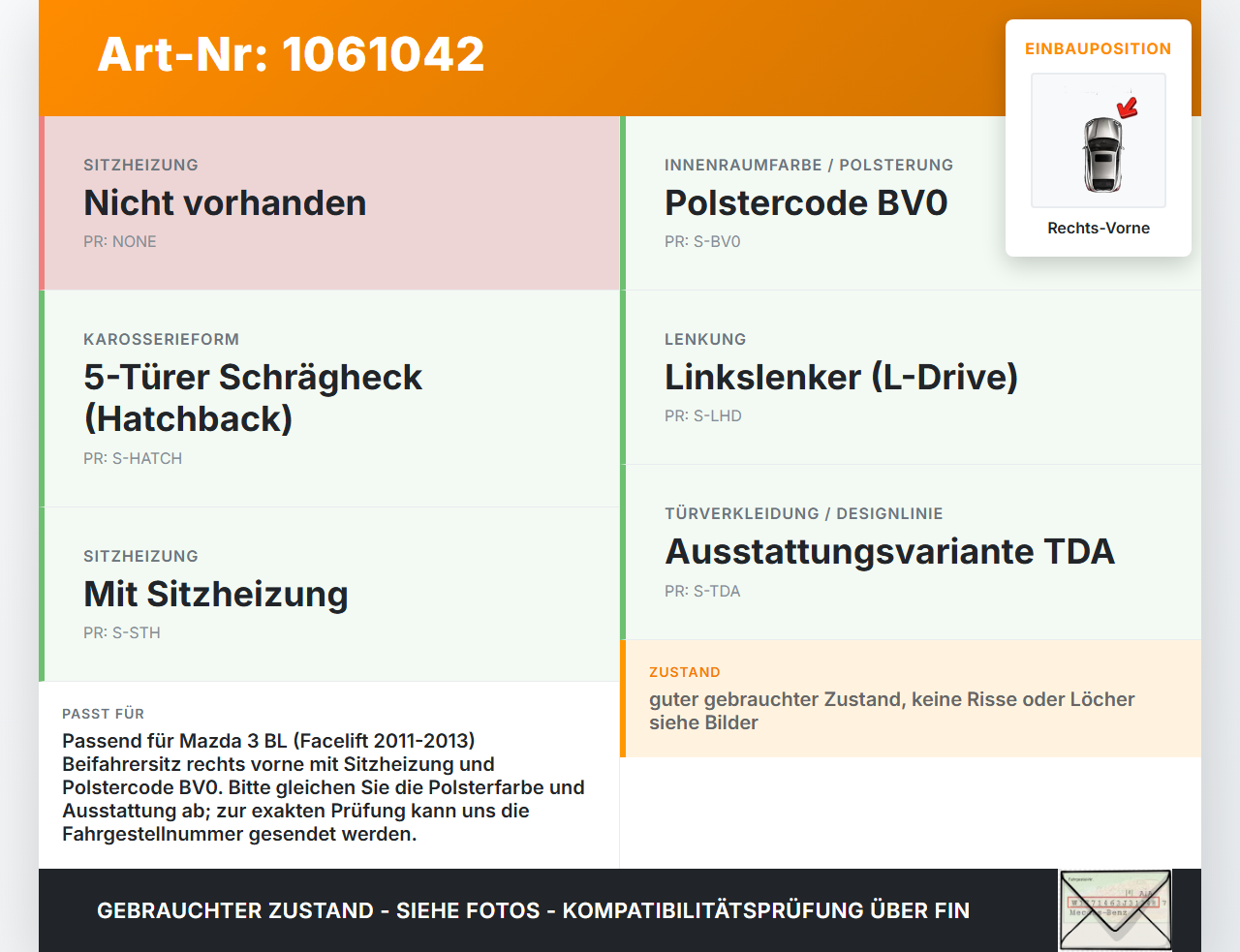 Mazda 3 BM 13-17 Sitzbezug Sitzpolster für Beifahrersitz Rechts Vorne beheizt Mazda 3 BM 13-17 19.11.2013 gebraucht Vorschau 3