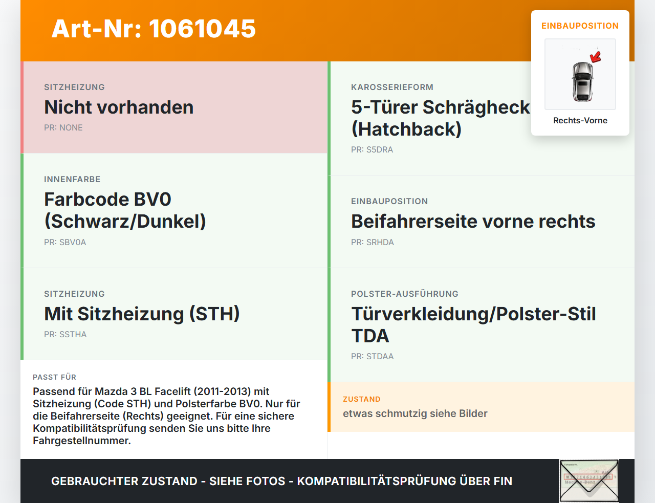 Mazda 3 BM 13-17 Sitzbezug Rückenpolster Rechts Vorne für Beifahrer Sitz Mazda 3 BM 13-17 19.11.2013 gebraucht Vorschau 3