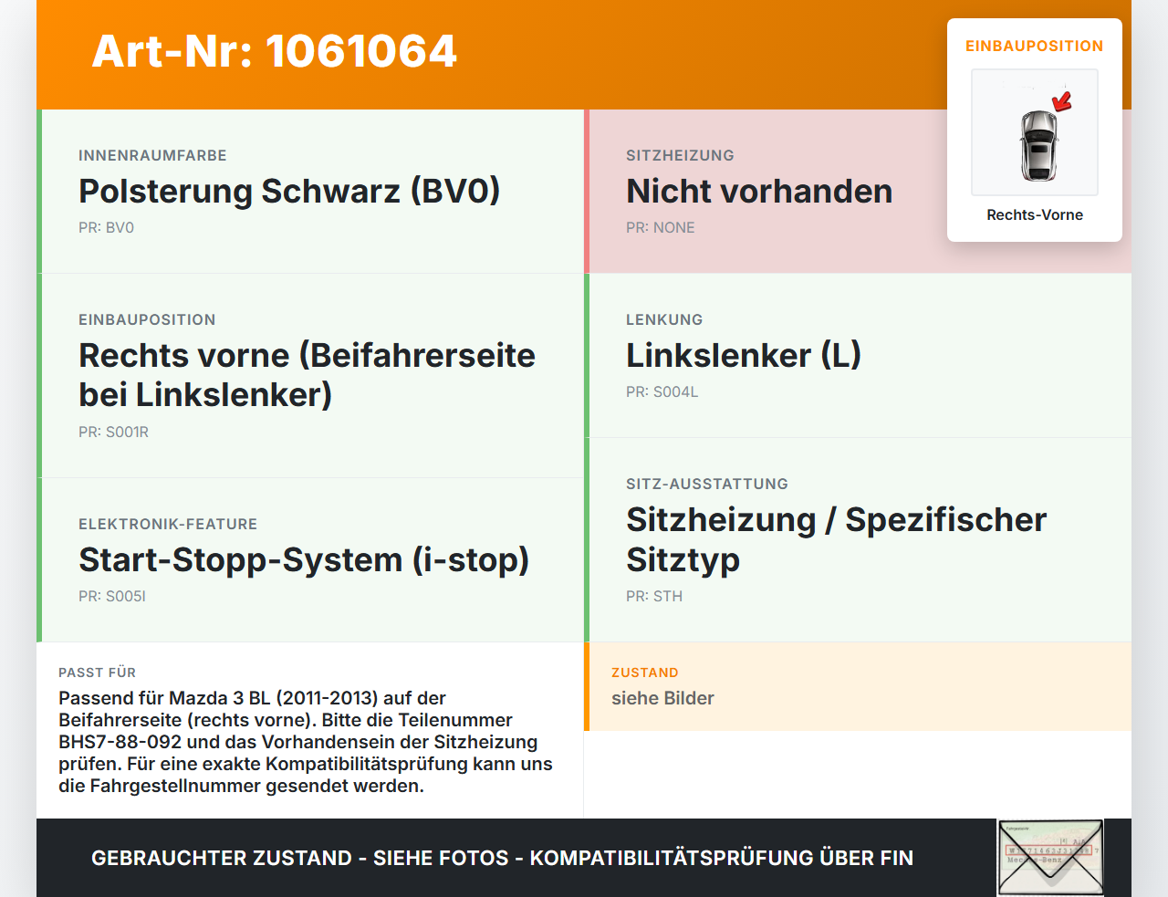 Mazda 3 BM 13-17 Steuergerät Modul SG Sitzsteuergerät Rechts Vorne Mazda 3 BM 13-17 19.11.2013 BHS7-88-092... Vorschau 3