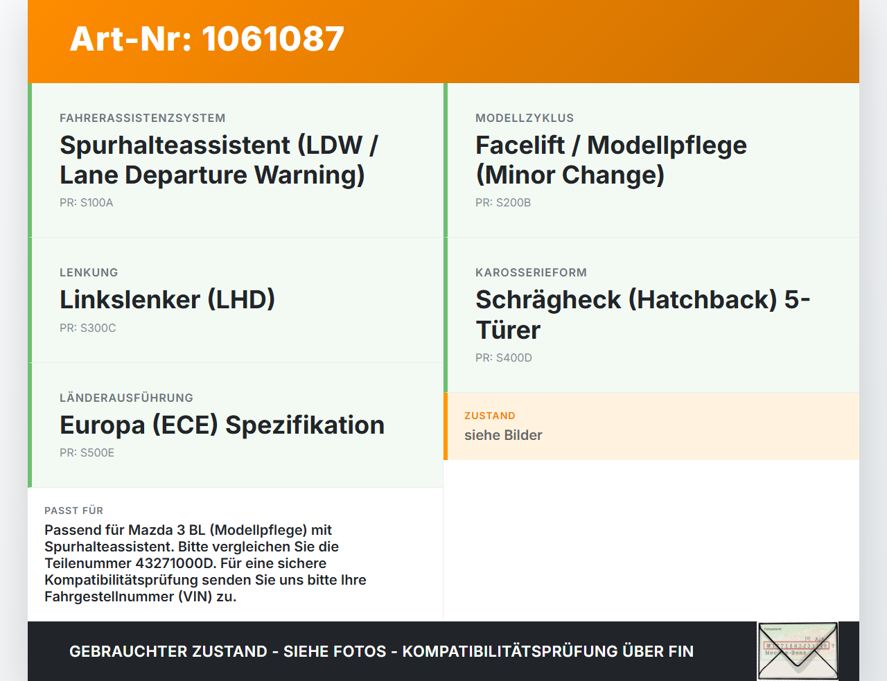 Mazda 3 BM 13-17 2,0 88KW Kamera Frontkamera Sensor Spurassistent Mazda 3 BM 13-17 19.11.2013 GHP9-67XD0 gebraucht Vorschau 3
