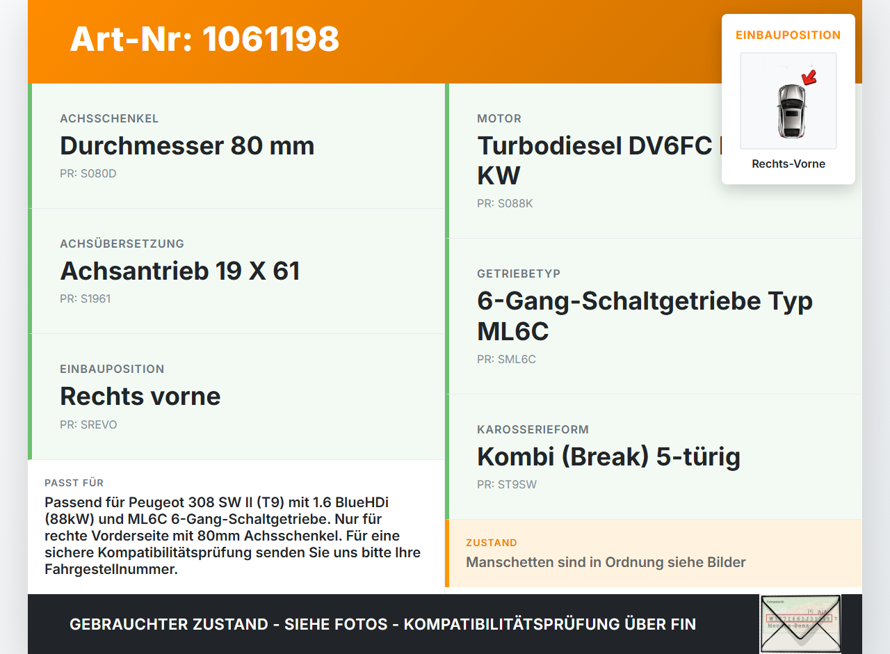 Peugeot 308 SW II 13-17 HDI 1,6 88KW Antriebswelle Gelenkwelle Rechts Vorne Peugeot 308 SW II 13-17 27.10.2015... Vorschau 3