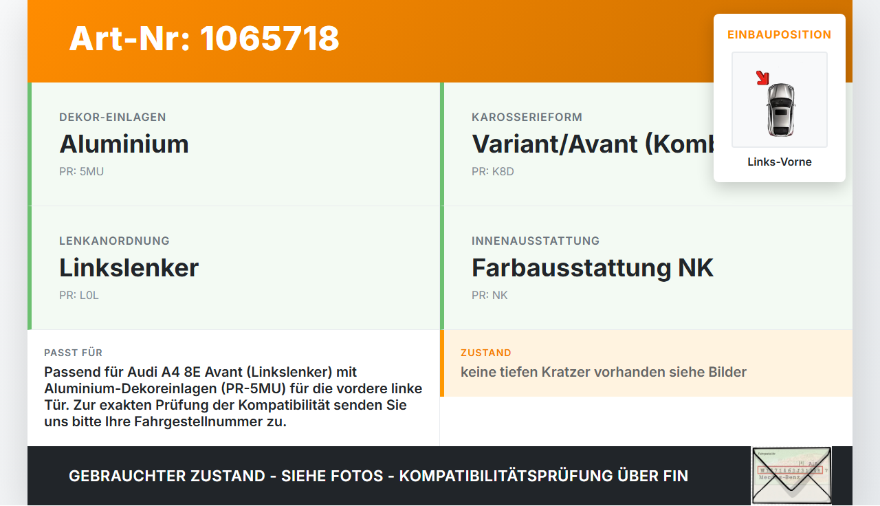Audi A4 8E 04-08 Kombi Türleiste Links Vorne Innen LY7G Audi A4 8E 04-08 12.09.2005 8E0867409Q 8E0867409 gebraucht Vorschau 3