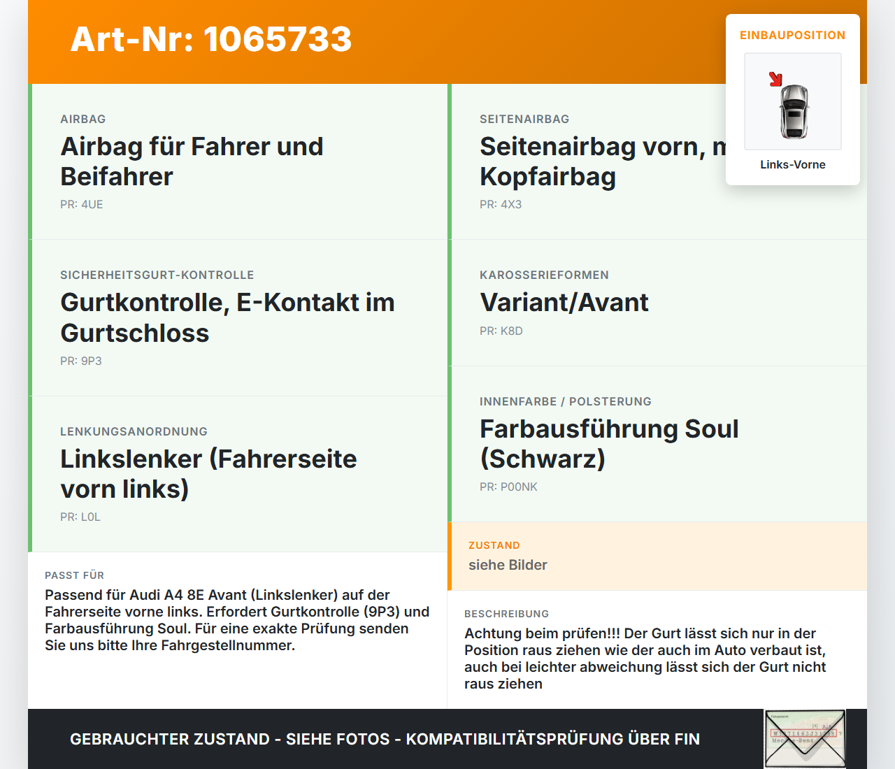 Audi A4 8E 04-08 Kombi Gurt Sicherheitsgurt m. Gurtstraffer Fahrer Links Vorne Audi A4 8E 04-08 12.09.2005... Vorschau 3