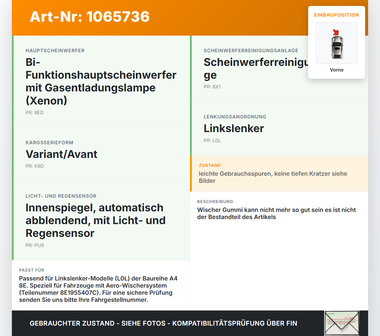 Audi A4 8E 04-08 2x Scheibenwischer Wischarm Vorne Audi A4 8E 04-08 12.09.2005 8E1955407C gebraucht Vorschau 3