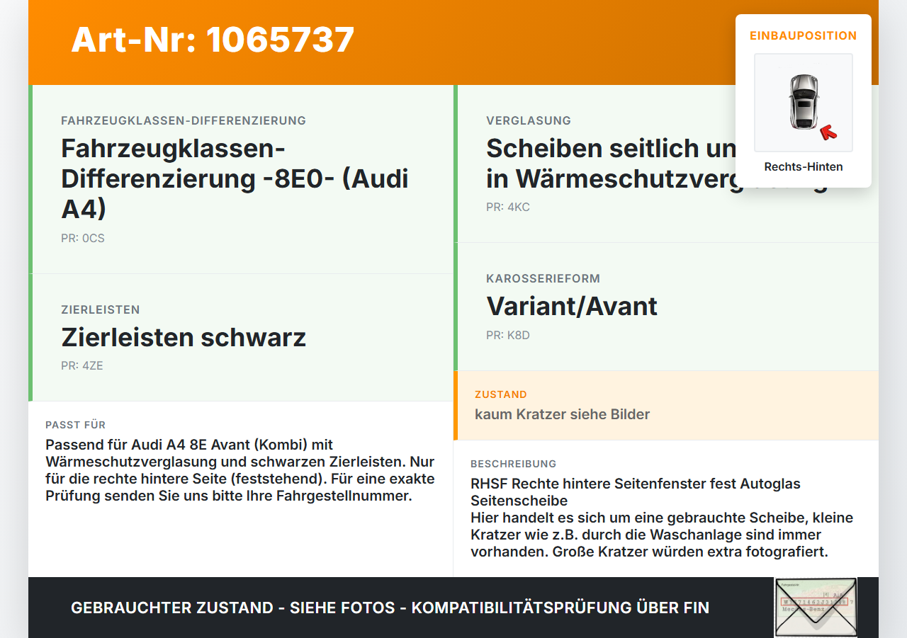 Audi A4 8E 04-08 Kombi RH Fest Seitenscheibe Scheibe Rechts Hinten Audi A4 8E 04-08 12.09.2005 8E9845300AE gebraucht Vorschau 3