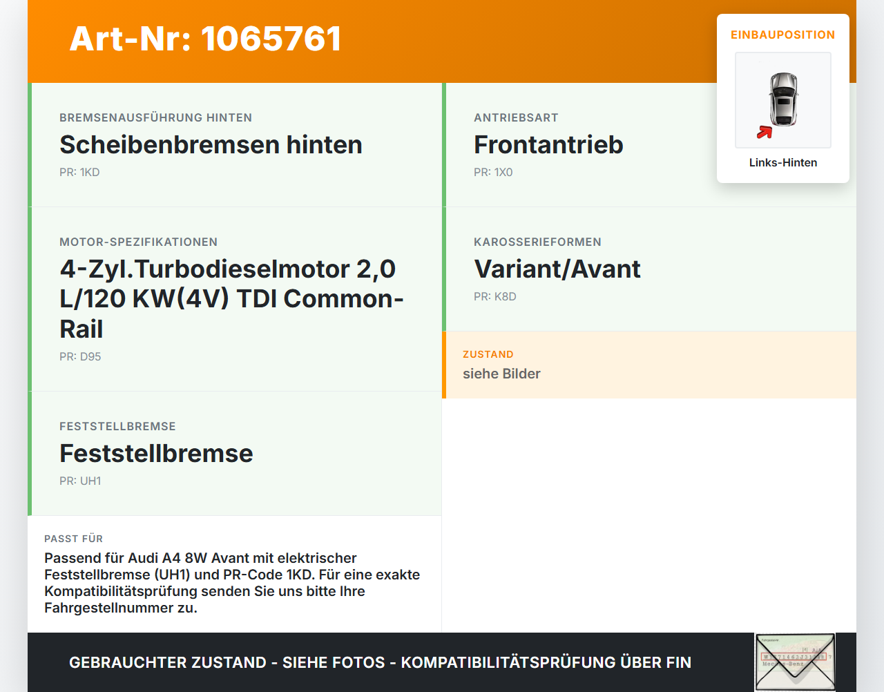 Audi A4 8W 19-24 TDI 2,0 120KW Stellmotor Parkbremse Bremssattel Hinten Links Audi A4 8W 19-24 27.01.2020 8W0998281... Vorschau 3