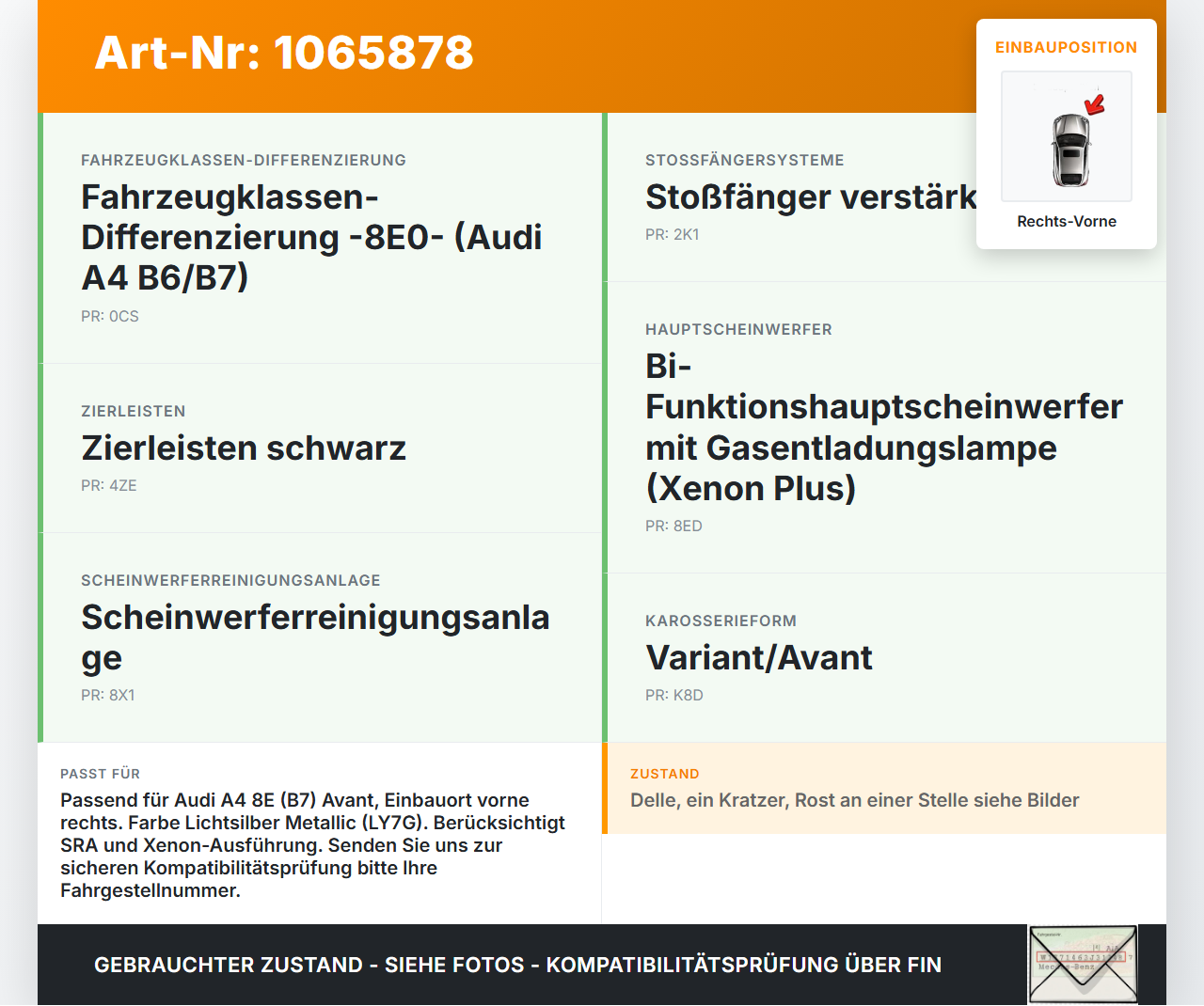 Audi A4 8E 04-08 Kotflügel Rechts Vorne LY7G Audi A4 8E 04-08 12.09.2005 8E0821106F gebraucht Vorschau 3